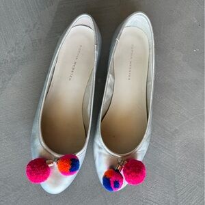 Sophia Webster Silver Ballet Flats with Colorful Pom-Pom Detail